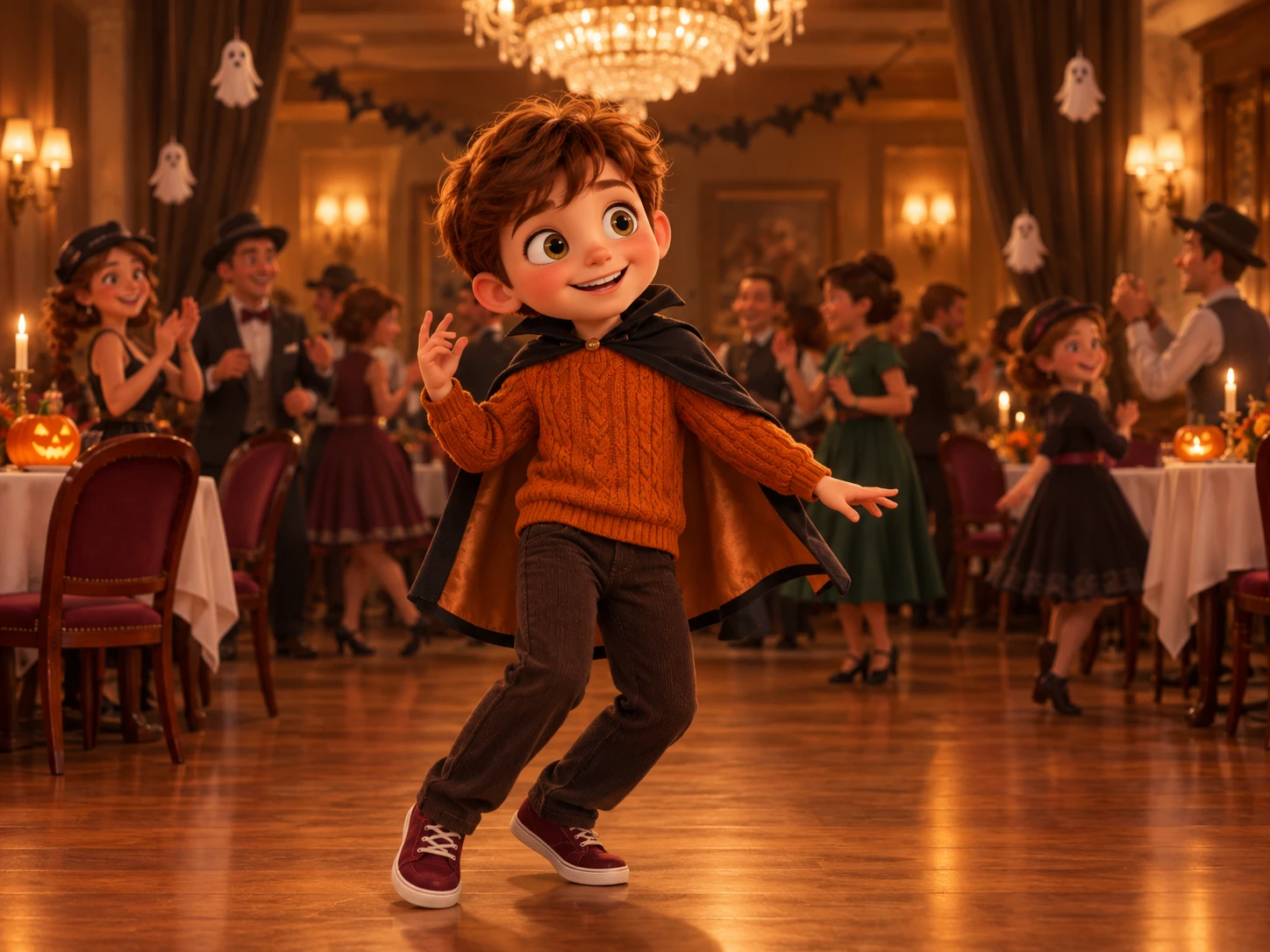 Stylized character dancing at a Halloween party