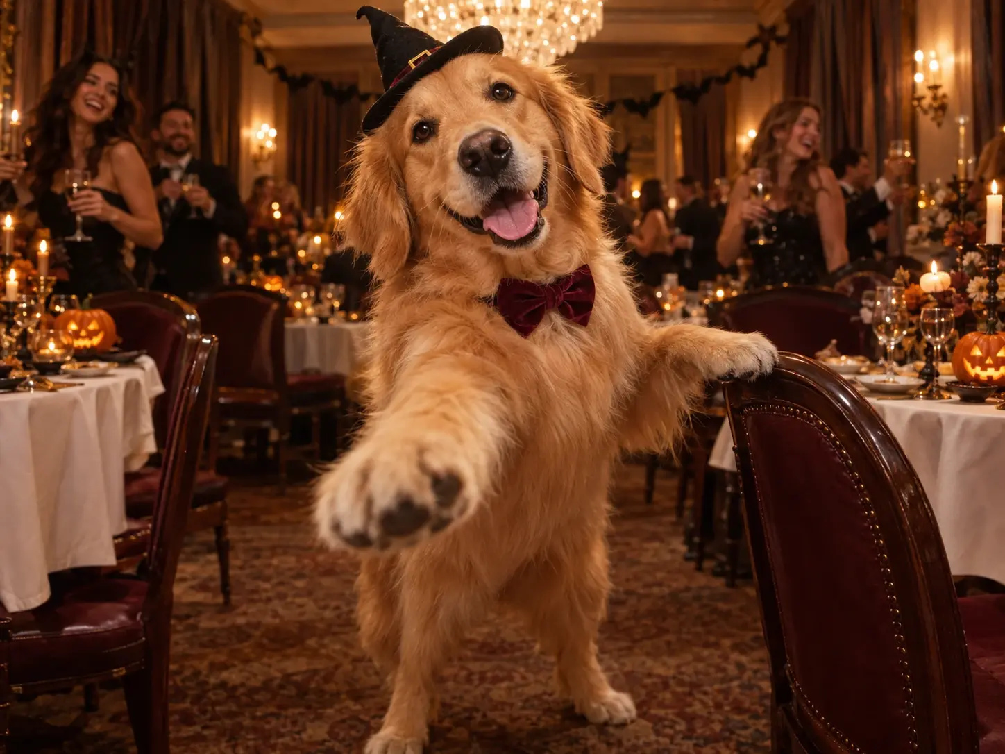 Golden retriever dressed for a luxury Halloween party