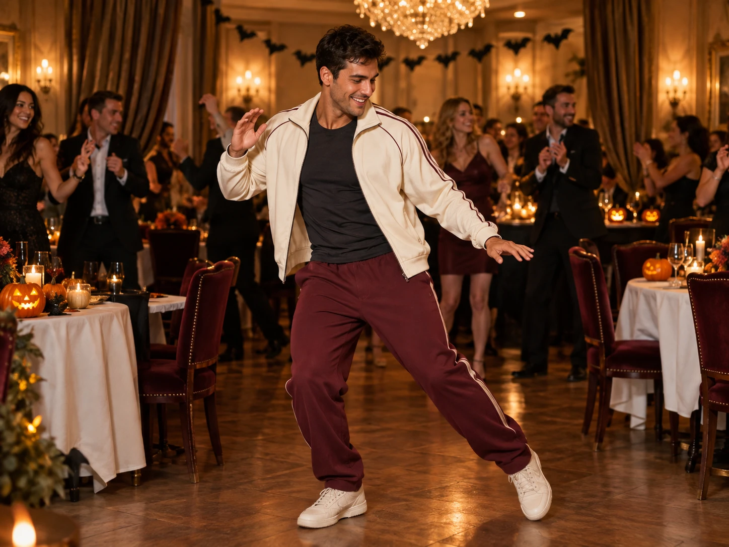 Two performers in a cinematic party scene
