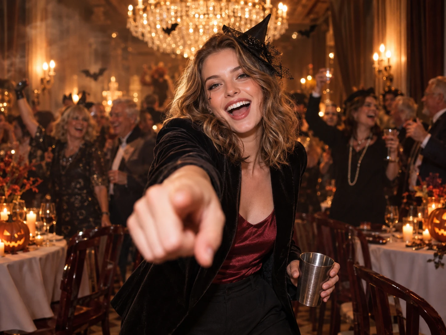 Woman pointing at the camera in a party scene